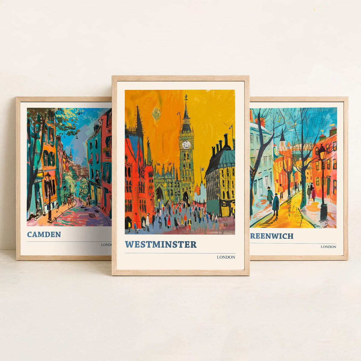 London Set of Three Prints - Camden, Greenwich, Westminster - 3 Vibrant City Art Prints Painting Poster Gift Travel Big Ben