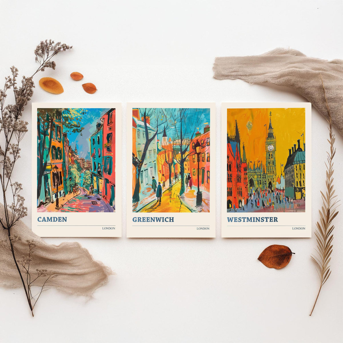 London Set of Three Prints - Camden, Greenwich, Westminster - 3 Vibrant City Art Prints Painting Poster Gift Travel Big Ben