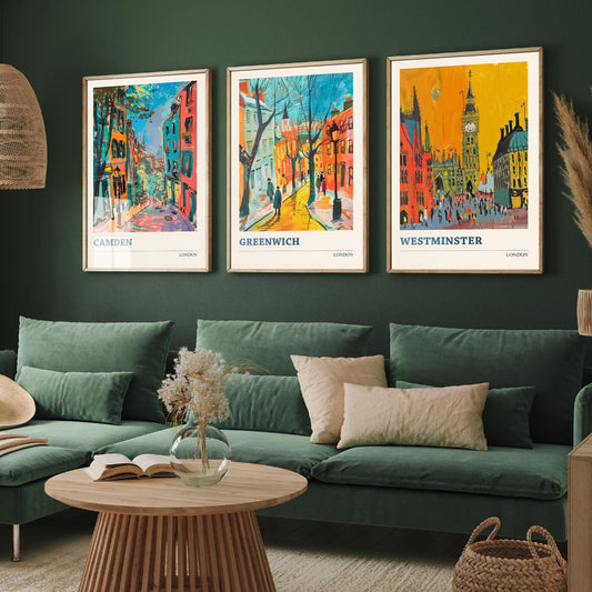 London Set of Three Prints - Camden, Greenwich, Westminster - 3 Vibrant City Art Prints Painting Poster Gift Travel Big Ben