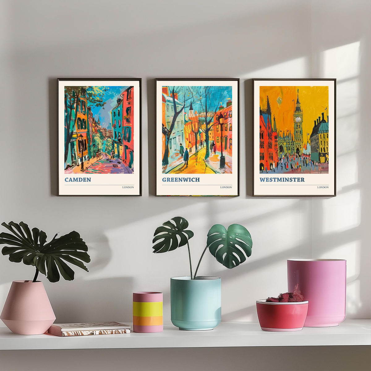 London Set of Three Prints - Camden, Greenwich, Westminster - 3 Vibrant City Art Prints Painting Poster Gift Travel Big Ben
