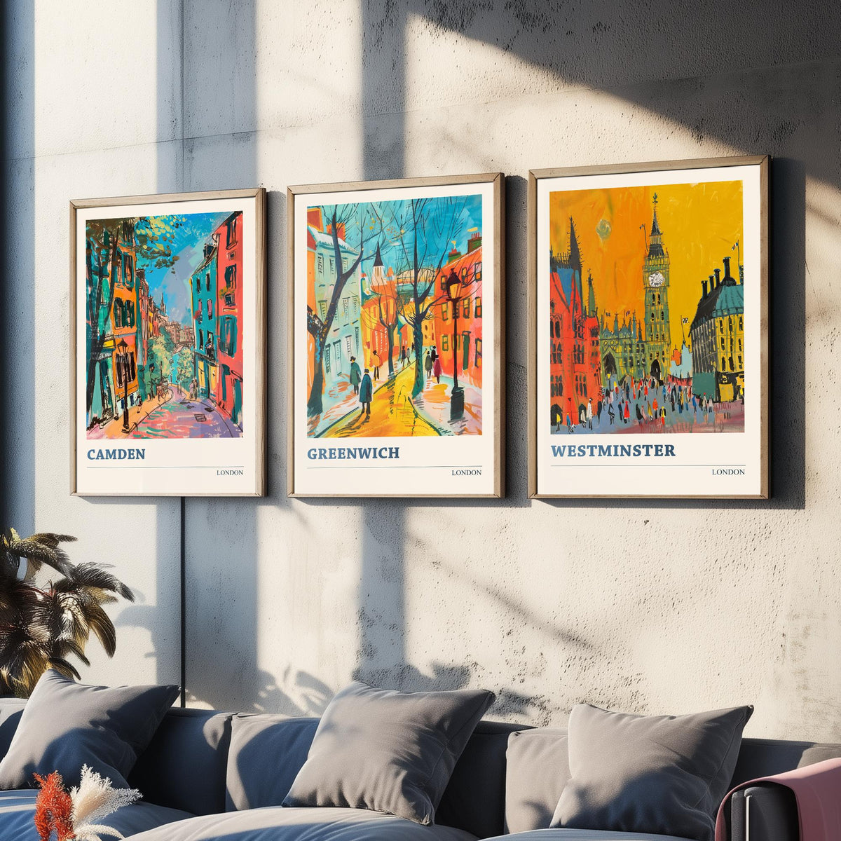 London Set of Three Prints - Camden, Greenwich, Westminster - 3 Vibrant City Art Prints Painting Poster Gift Travel Big Ben