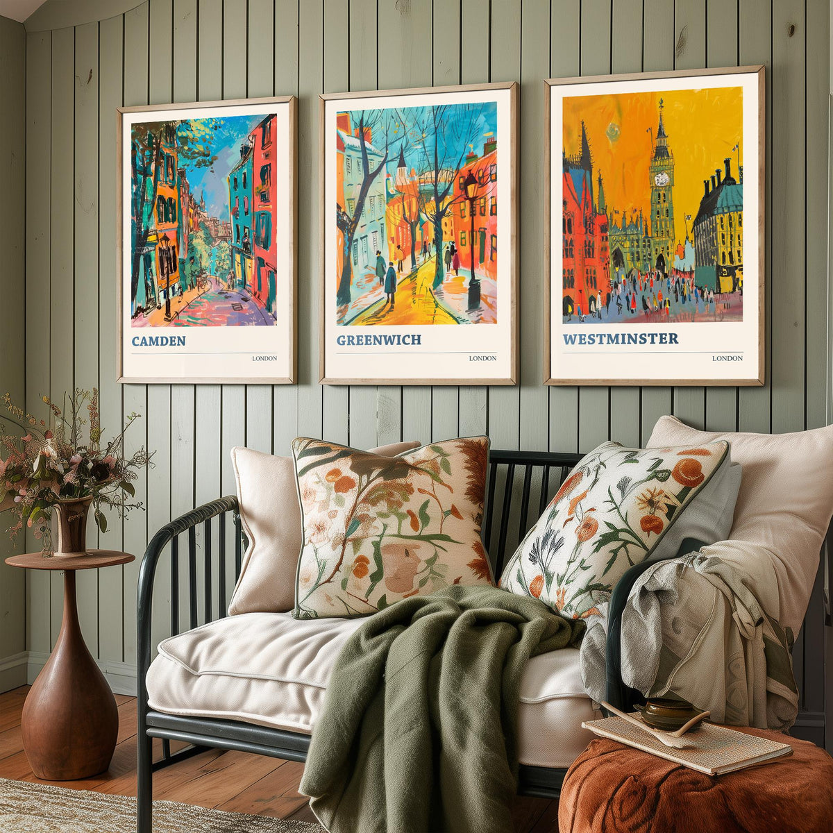 London Set of Three Prints - Camden, Greenwich, Westminster - 3 Vibrant City Art Prints Painting Poster Gift Travel Big Ben