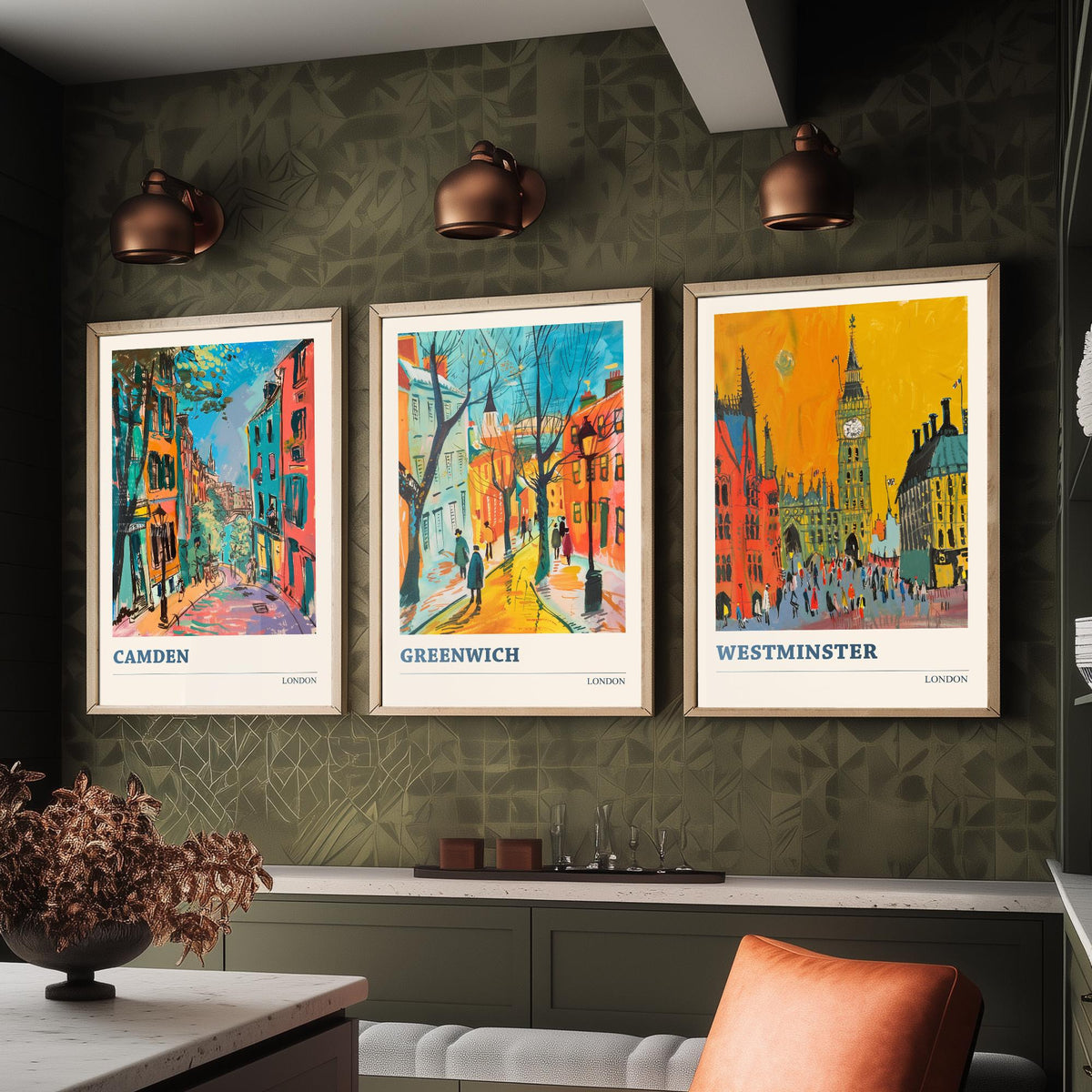 London Set of Three Prints - Camden, Greenwich, Westminster - 3 Vibrant City Art Prints Painting Poster Gift Travel Big Ben