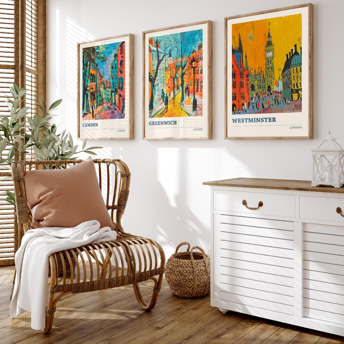 London Set of Three Prints - Camden, Greenwich, Westminster - 3 Vibrant City Art Prints Painting Poster Gift Travel Big Ben