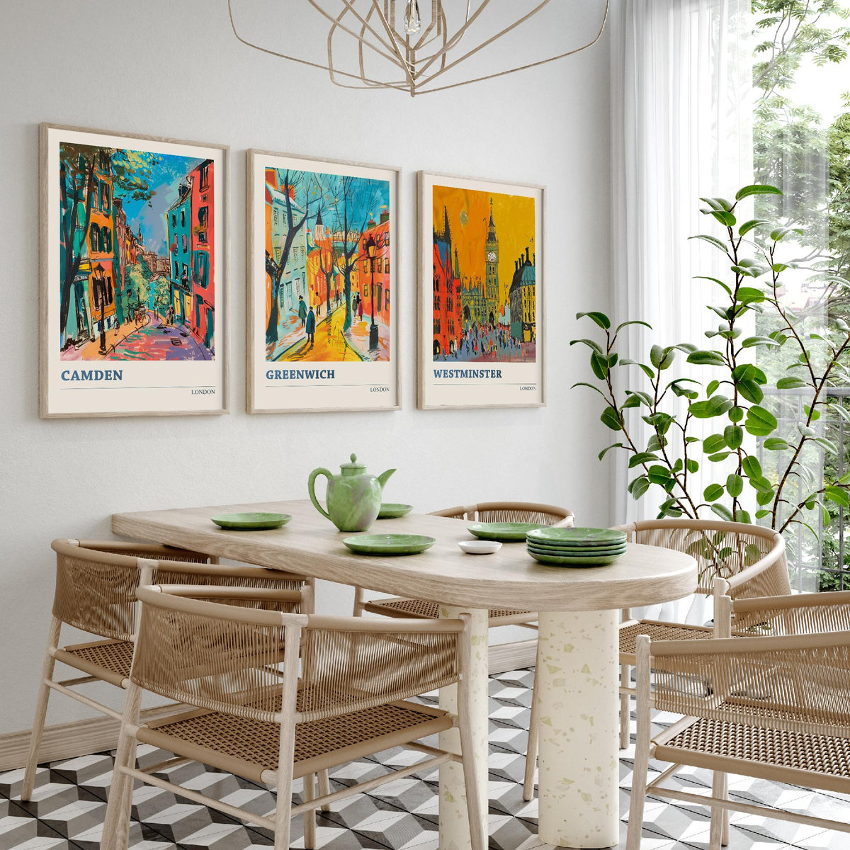 London Set of Three Prints - Camden, Greenwich, Westminster - 3 Vibrant City Art Prints Painting Poster Gift Travel Big Ben