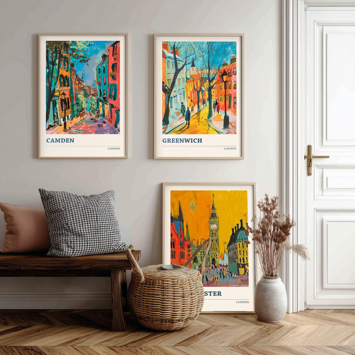 London Set of Three Prints - Camden, Greenwich, Westminster - 3 Vibrant City Art Prints Painting Poster Gift Travel Big Ben