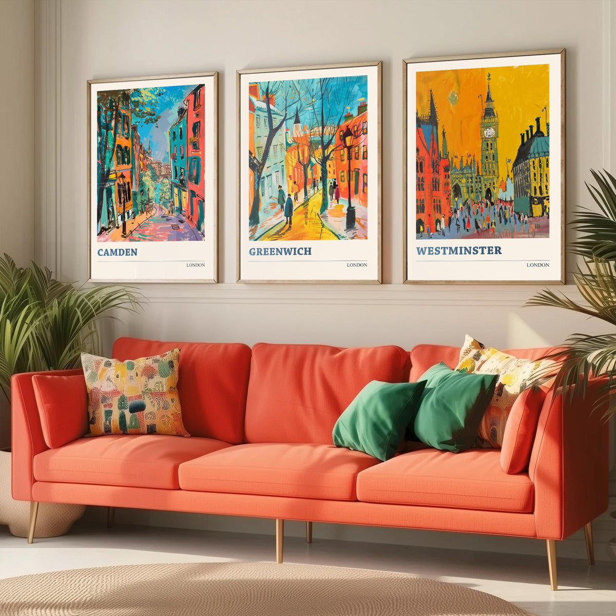 London Set of Three Prints - Camden, Greenwich, Westminster - 3 Vibrant City Art Prints Painting Poster Gift Travel Big Ben