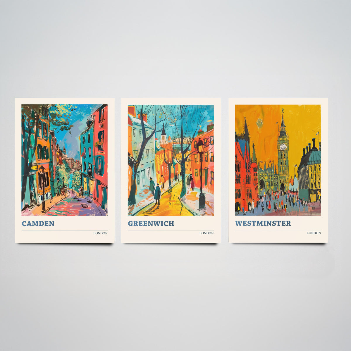 London Set of Three Prints - Camden, Greenwich, Westminster - 3 Vibrant City Art Prints Painting Poster Gift Travel Big Ben