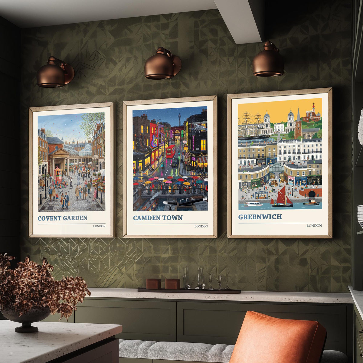 London Set of Three Art Prints - Covent Garden, Camden Town, Greenwich - 3 Colourful Folk Illustration Travel Posters - London Painting