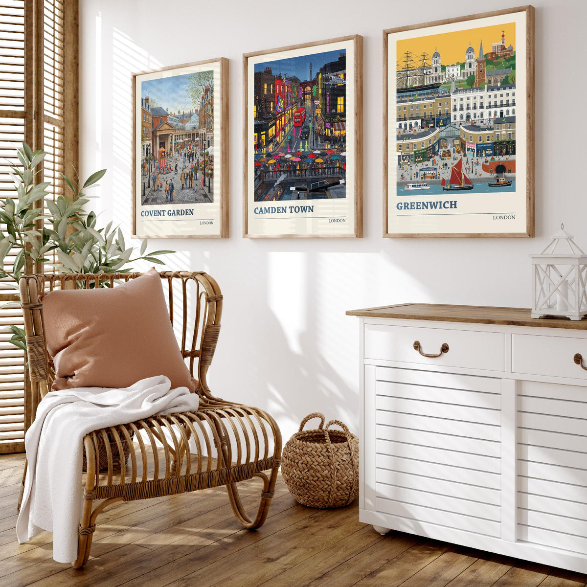 London Set of Three Art Prints - Covent Garden, Camden Town, Greenwich - 3 Colourful Folk Illustration Travel Posters - London Painting