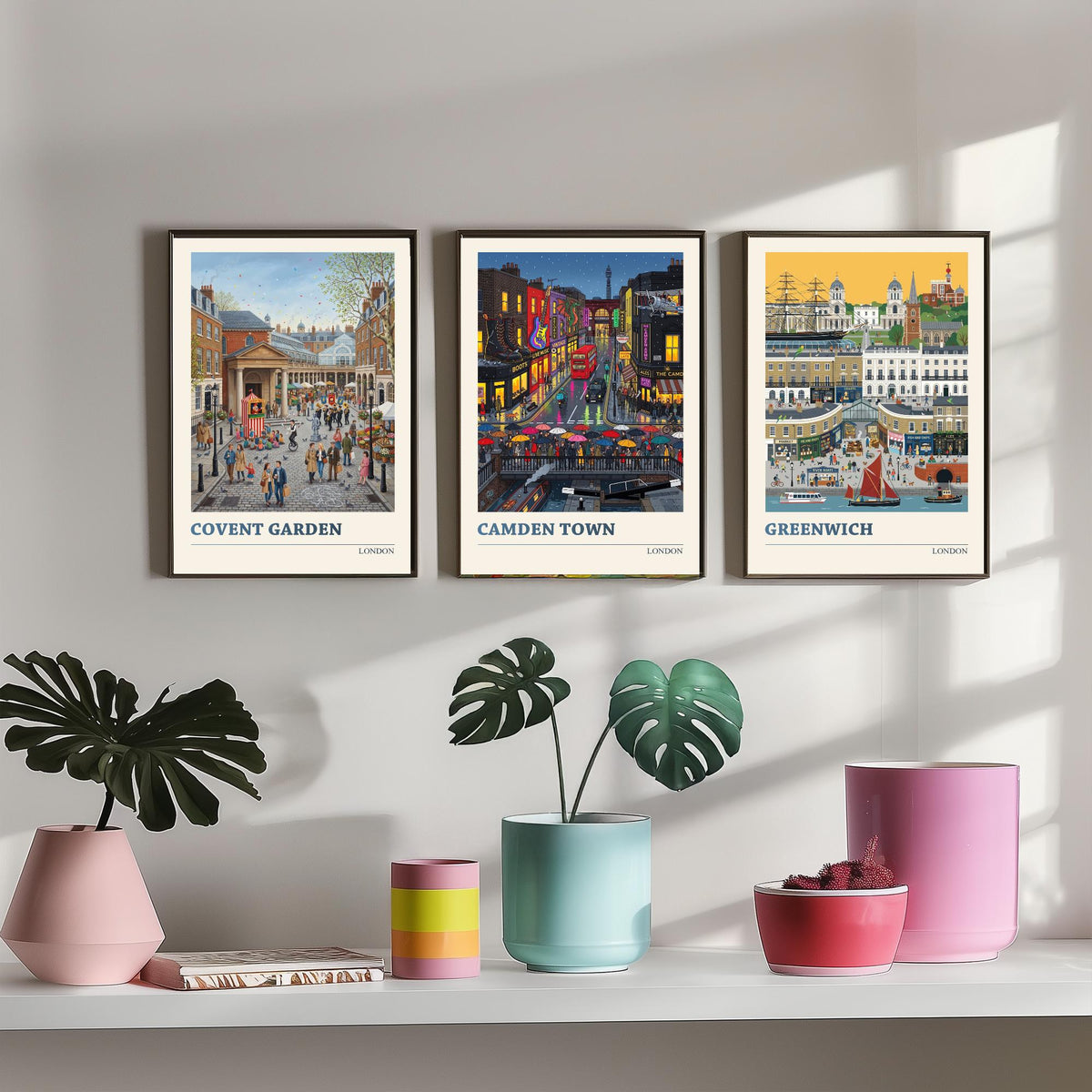 London Set of Three Art Prints - Covent Garden, Camden Town, Greenwich - 3 Colourful Folk Illustration Travel Posters - London Painting