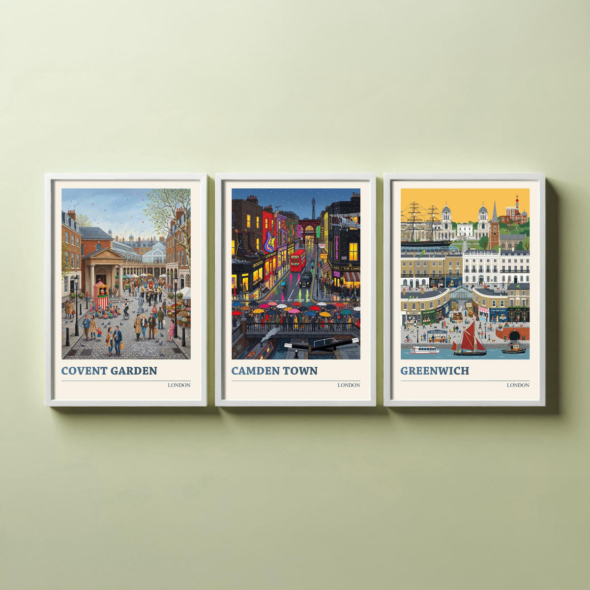 London Set of Three Art Prints - Covent Garden, Camden Town, Greenwich - 3 Colourful Folk Illustration Travel Posters - London Painting