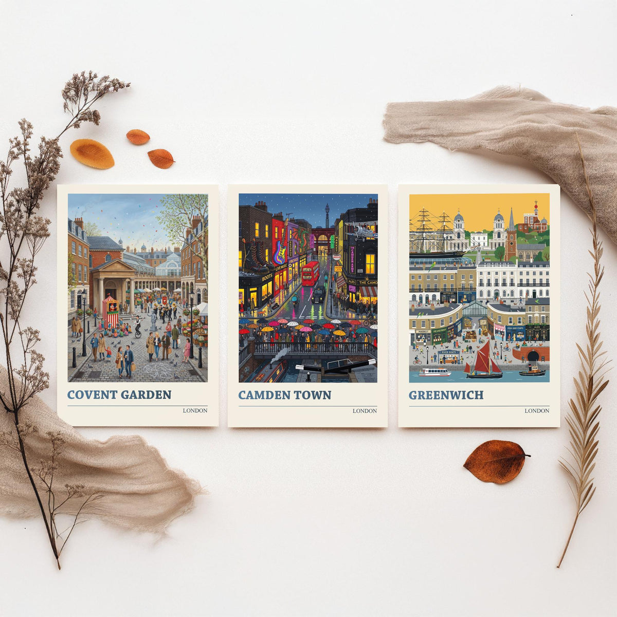 London Set of Three Art Prints - Covent Garden, Camden Town, Greenwich - 3 Colourful Folk Illustration Travel Posters - London Painting