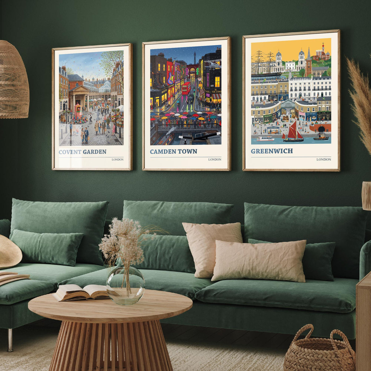 London Set of Three Art Prints - Covent Garden, Camden Town, Greenwich - 3 Colourful Folk Illustration Travel Posters - London Painting