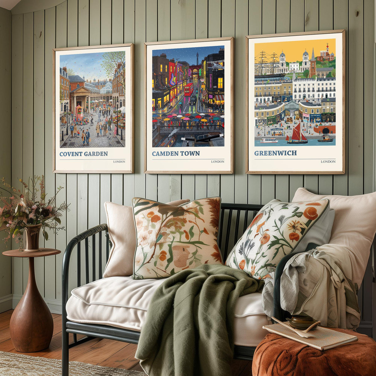 London Set of Three Art Prints - Covent Garden, Camden Town, Greenwich - 3 Colourful Folk Illustration Travel Posters - London Painting