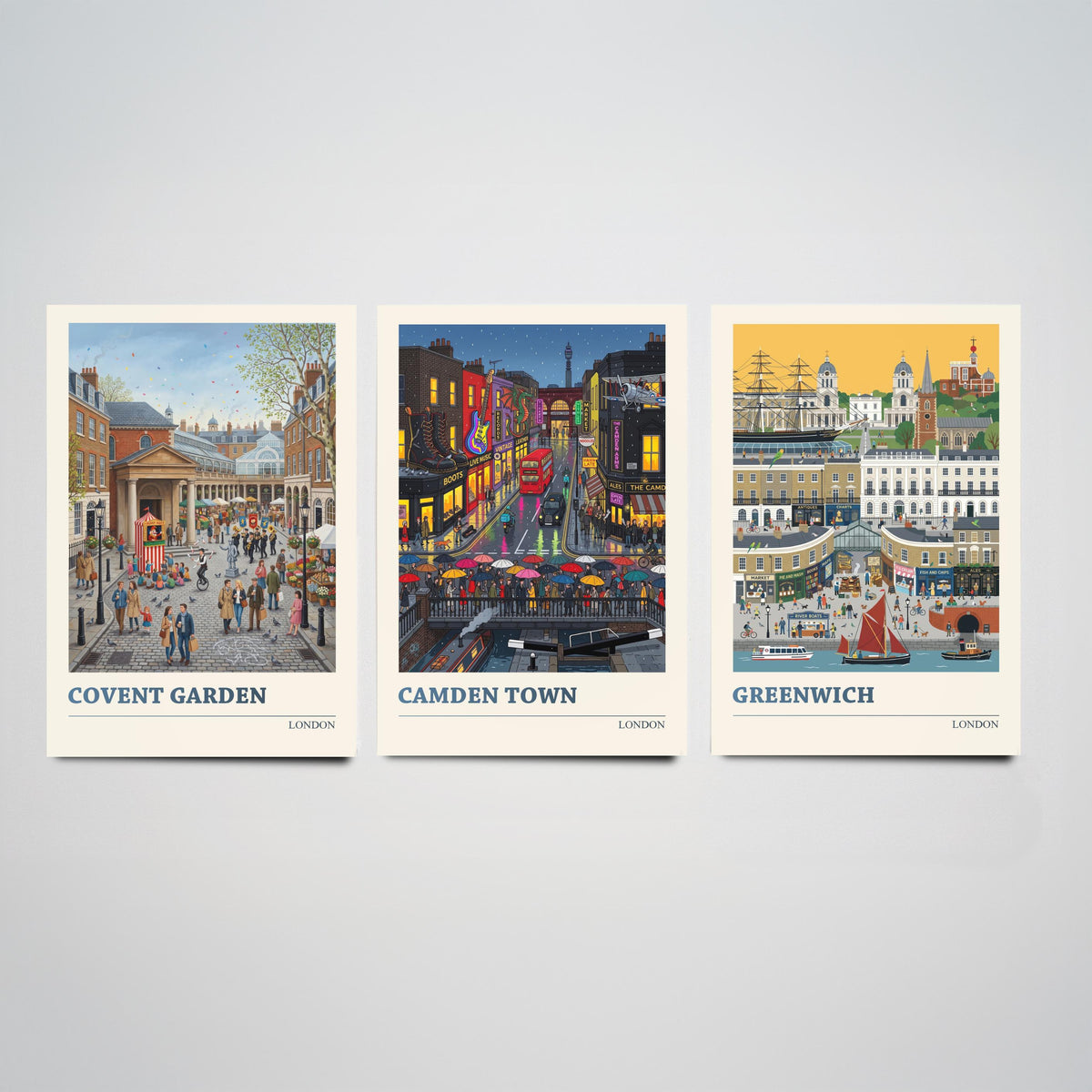 London Set of Three Art Prints - Covent Garden, Camden Town, Greenwich - 3 Colourful Folk Illustration Travel Posters - London Painting