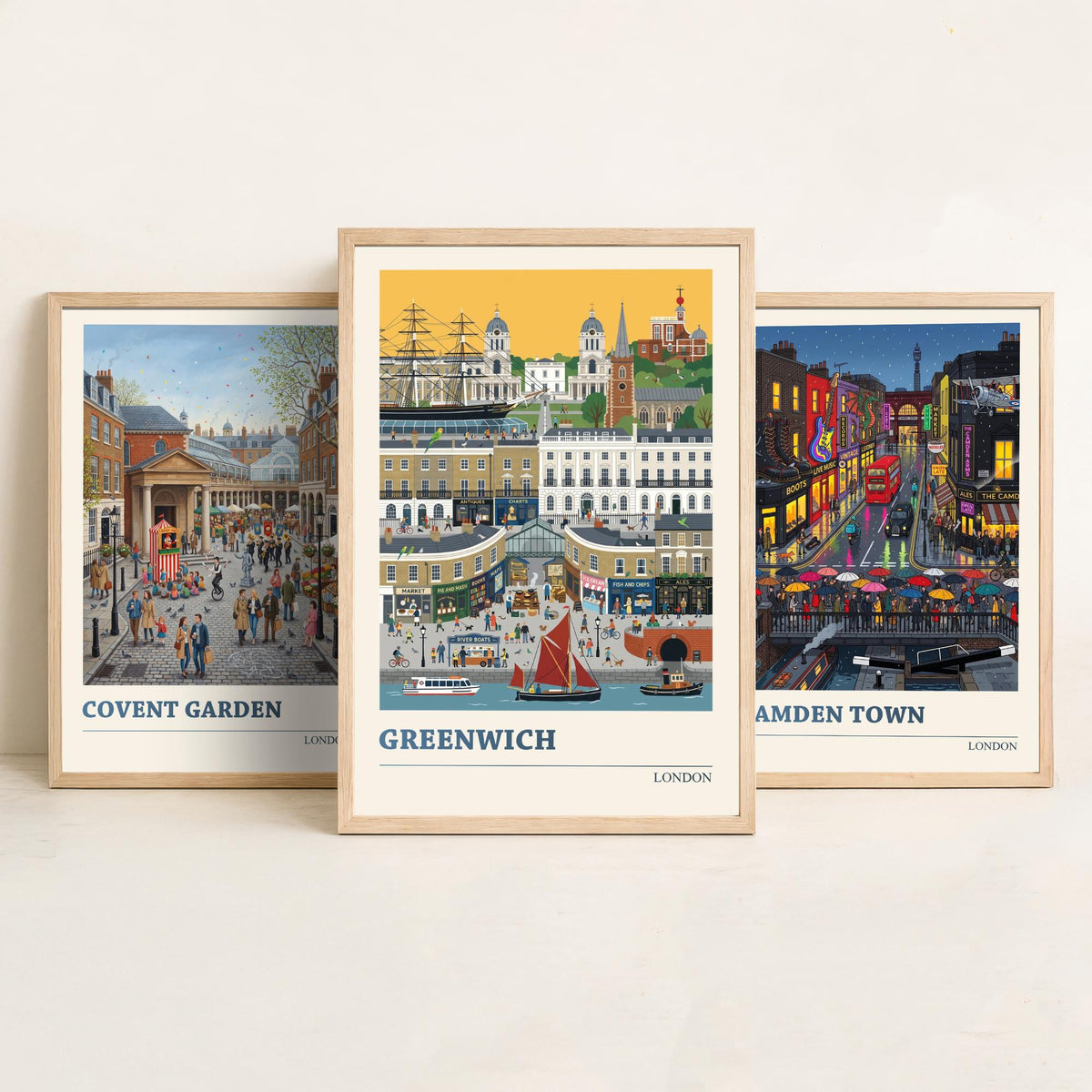 London Set of Three Art Prints - Covent Garden, Camden Town, Greenwich - 3 Colourful Folk Illustration Travel Posters - London Painting