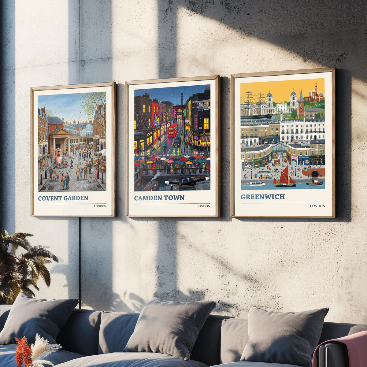 London Set of Three Art Prints - Covent Garden, Camden Town, Greenwich - 3 Colourful Folk Illustration Travel Posters - London Painting
