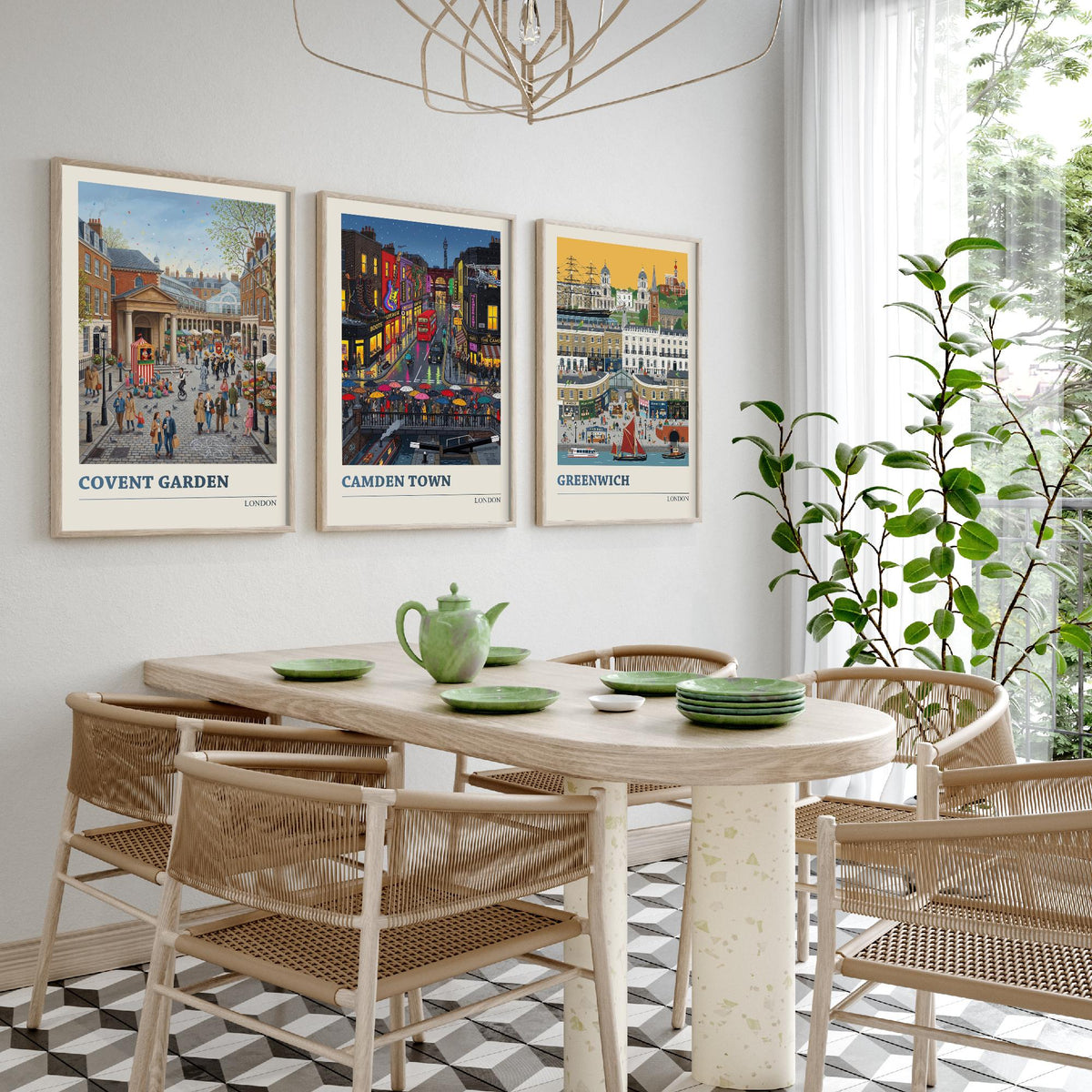 London Set of Three Art Prints - Covent Garden, Camden Town, Greenwich - 3 Colourful Folk Illustration Travel Posters - London Painting