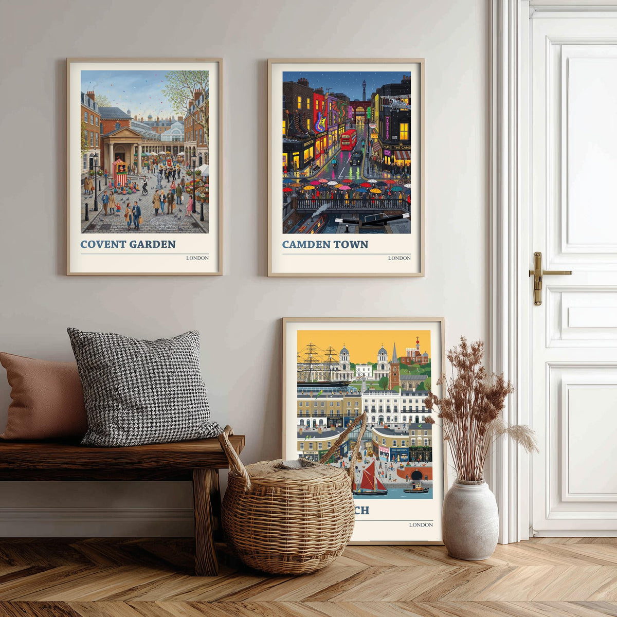 London Set of Three Art Prints - Covent Garden, Camden Town, Greenwich - 3 Colourful Folk Illustration Travel Posters - London Painting