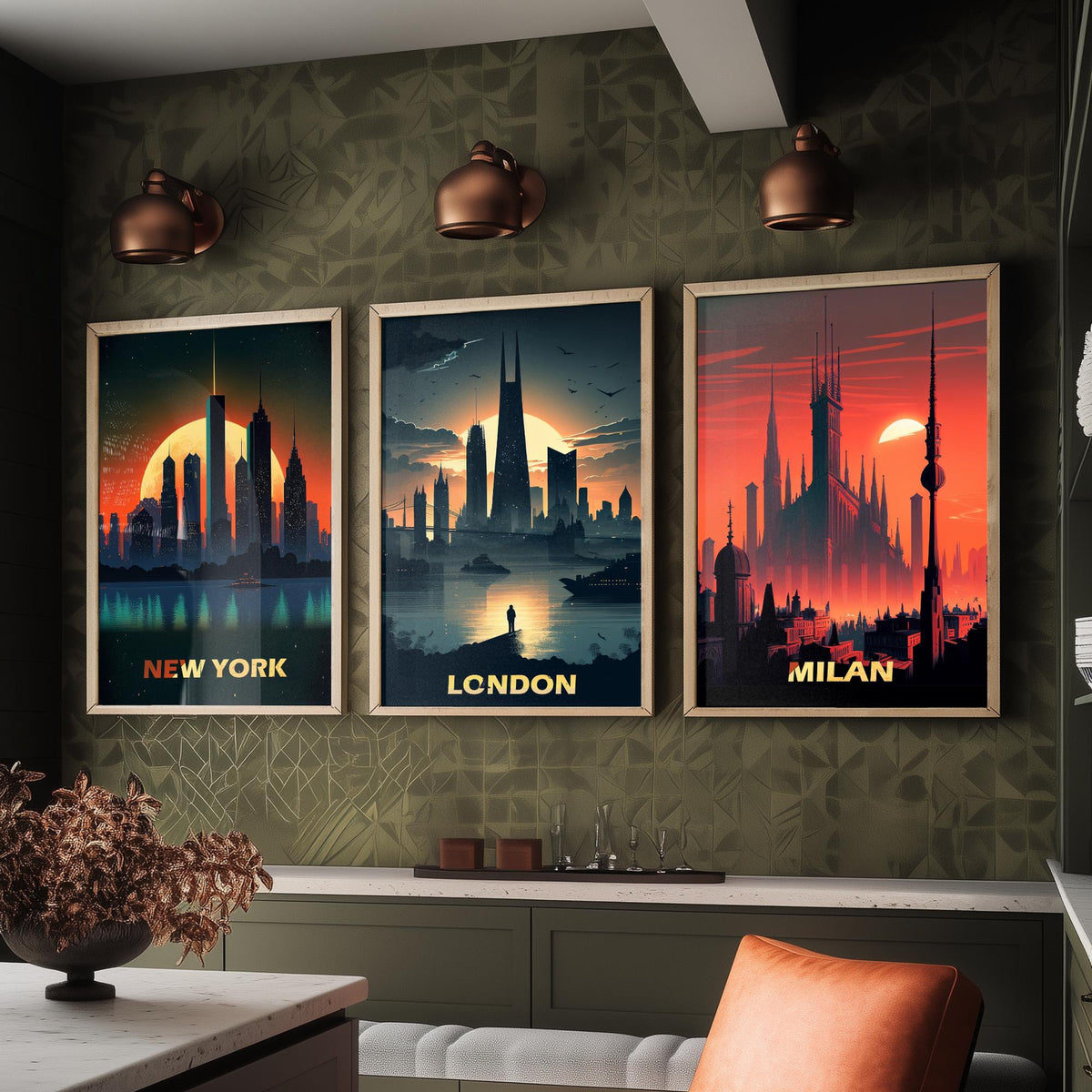 City Skylines Set of Three Art Prints - New York, London, Milan - Sunset Silhouette Illustration Poster
