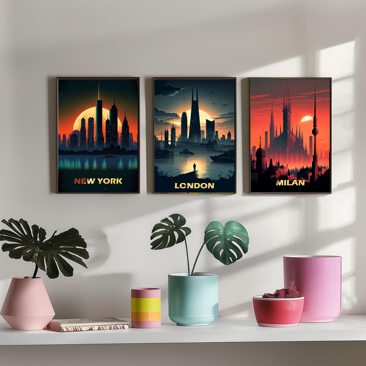 City Skylines Set of Three Art Prints - New York, London, Milan - Sunset Silhouette Illustration Poster