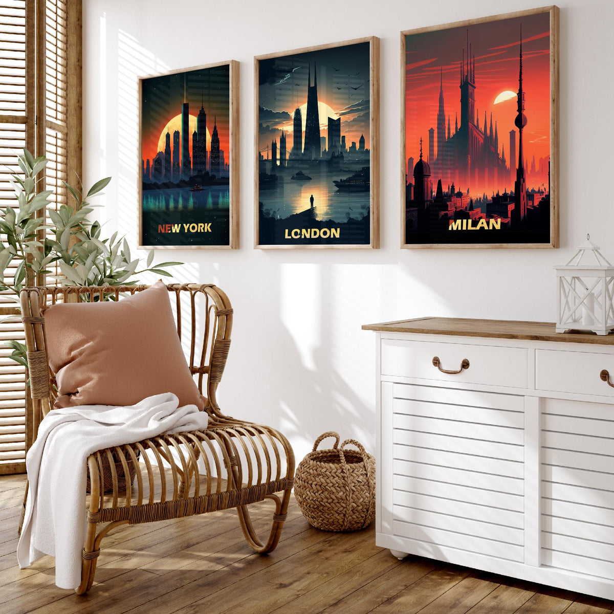 City Skylines Set of Three Art Prints - New York, London, Milan - Sunset Silhouette Illustration Poster