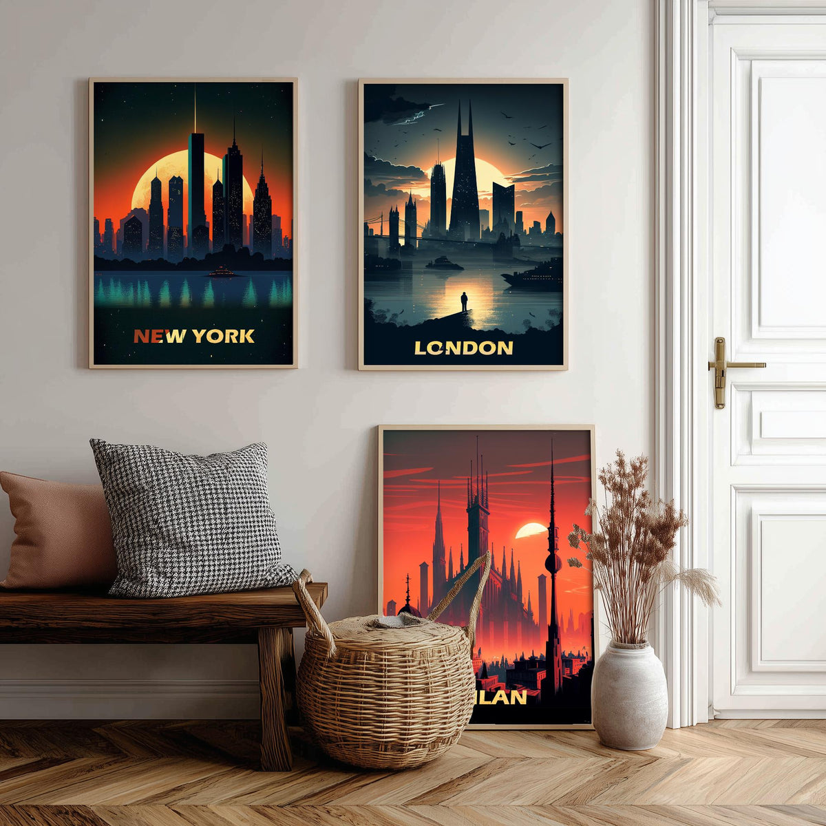 City Skylines Set of Three Art Prints - New York, London, Milan - Sunset Silhouette Illustration Poster