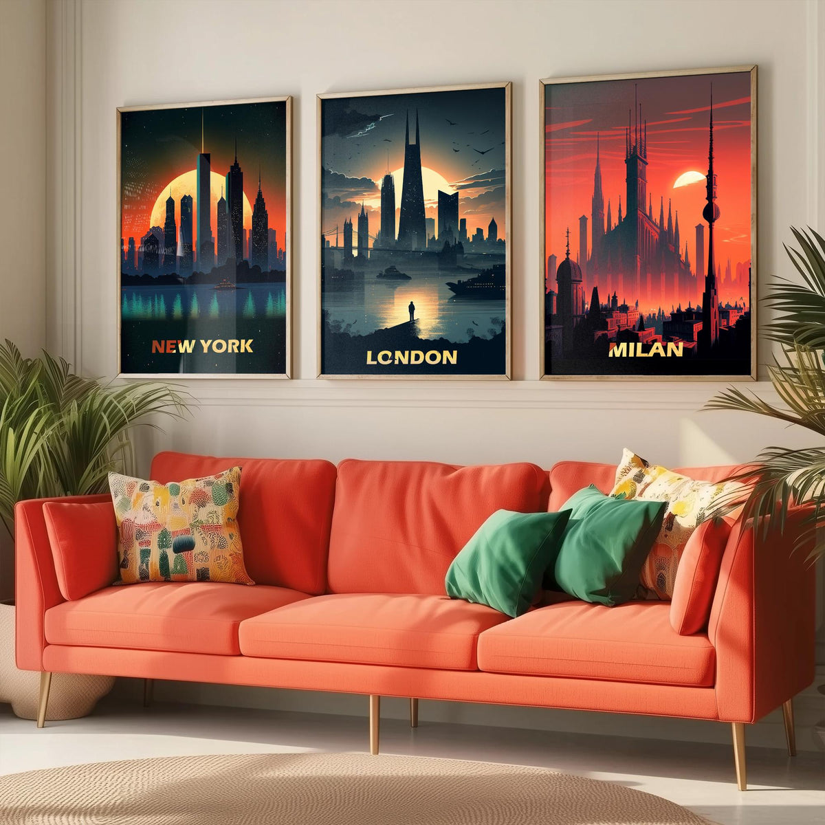 City Skylines Set of Three Art Prints - New York, London, Milan - Sunset Silhouette Illustration Poster