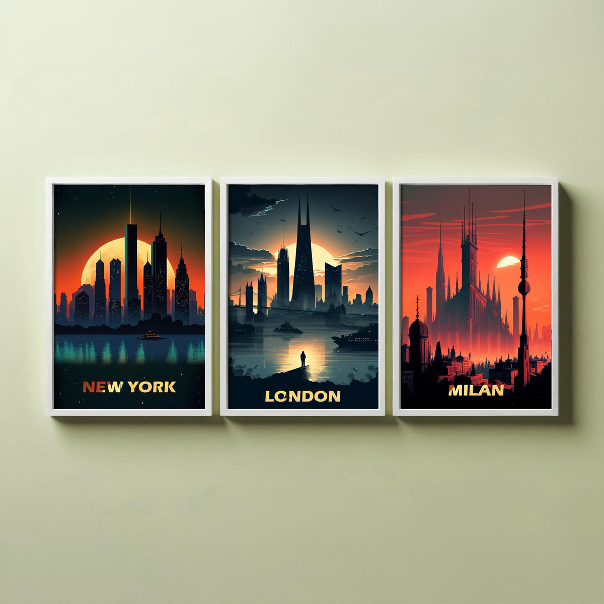 City Skylines Set of Three Art Prints - New York, London, Milan - Sunset Silhouette Illustration Poster