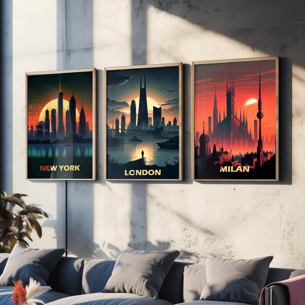 City Skylines Set of Three Art Prints - New York, London, Milan - Sunset Silhouette Illustration Poster