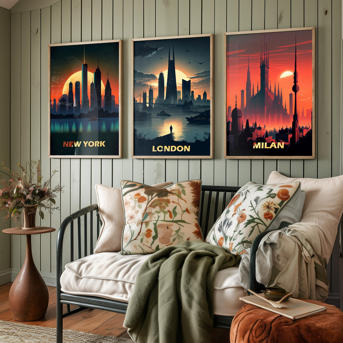 City Skylines Set of Three Art Prints - New York, London, Milan - Sunset Silhouette Illustration Poster