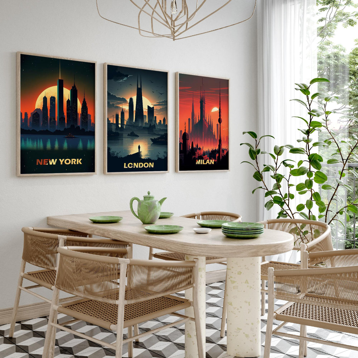 City Skylines Set of Three Art Prints - New York, London, Milan - Sunset Silhouette Illustration Poster