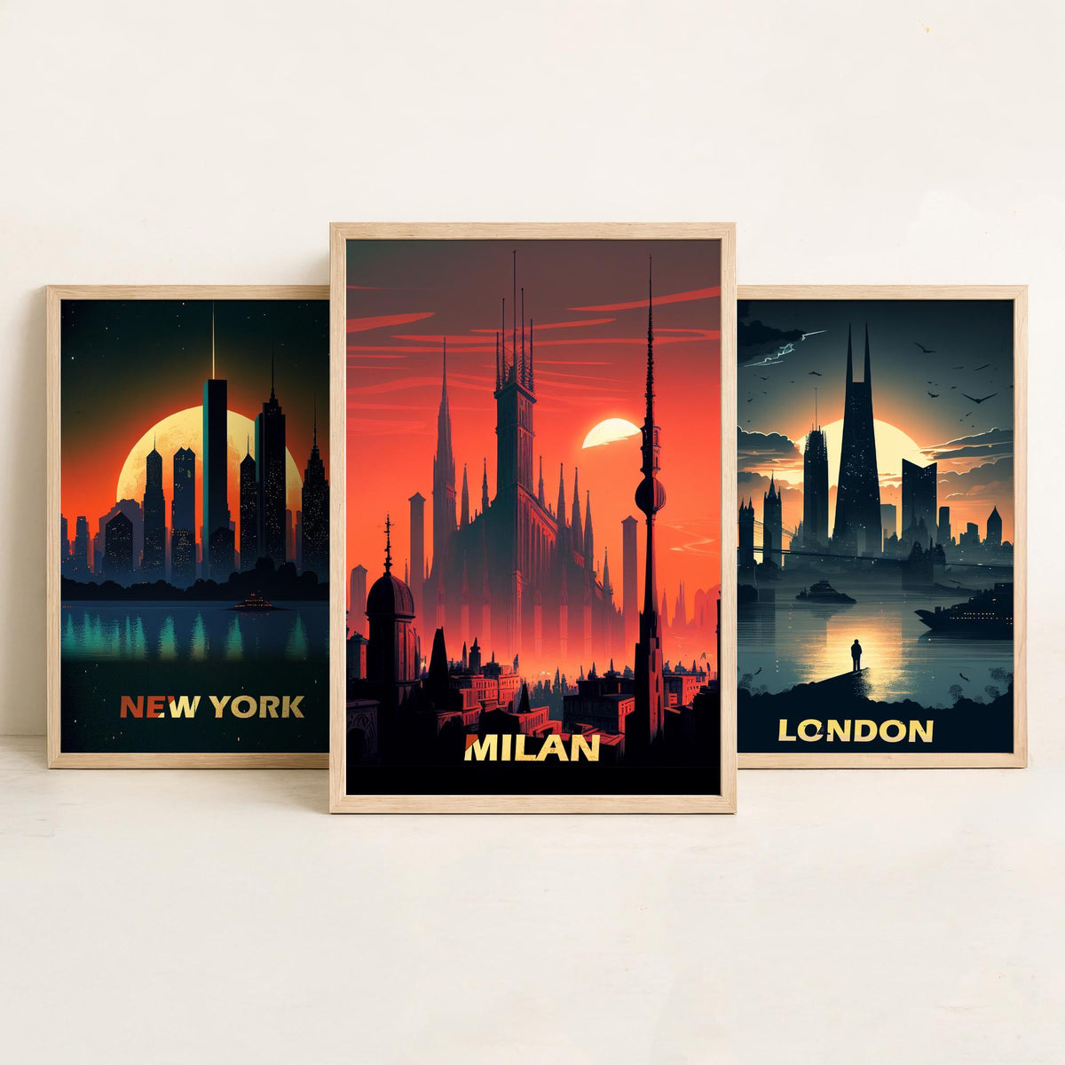City Skylines Set of Three Art Prints - New York, London, Milan - Sunset Silhouette Illustration Poster