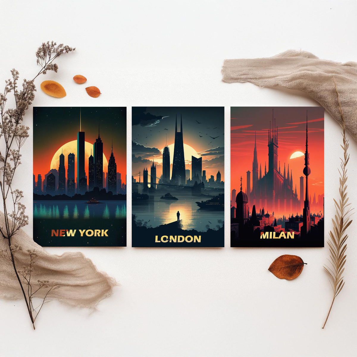 City Skylines Set of Three Art Prints - New York, London, Milan - Sunset Silhouette Illustration Poster