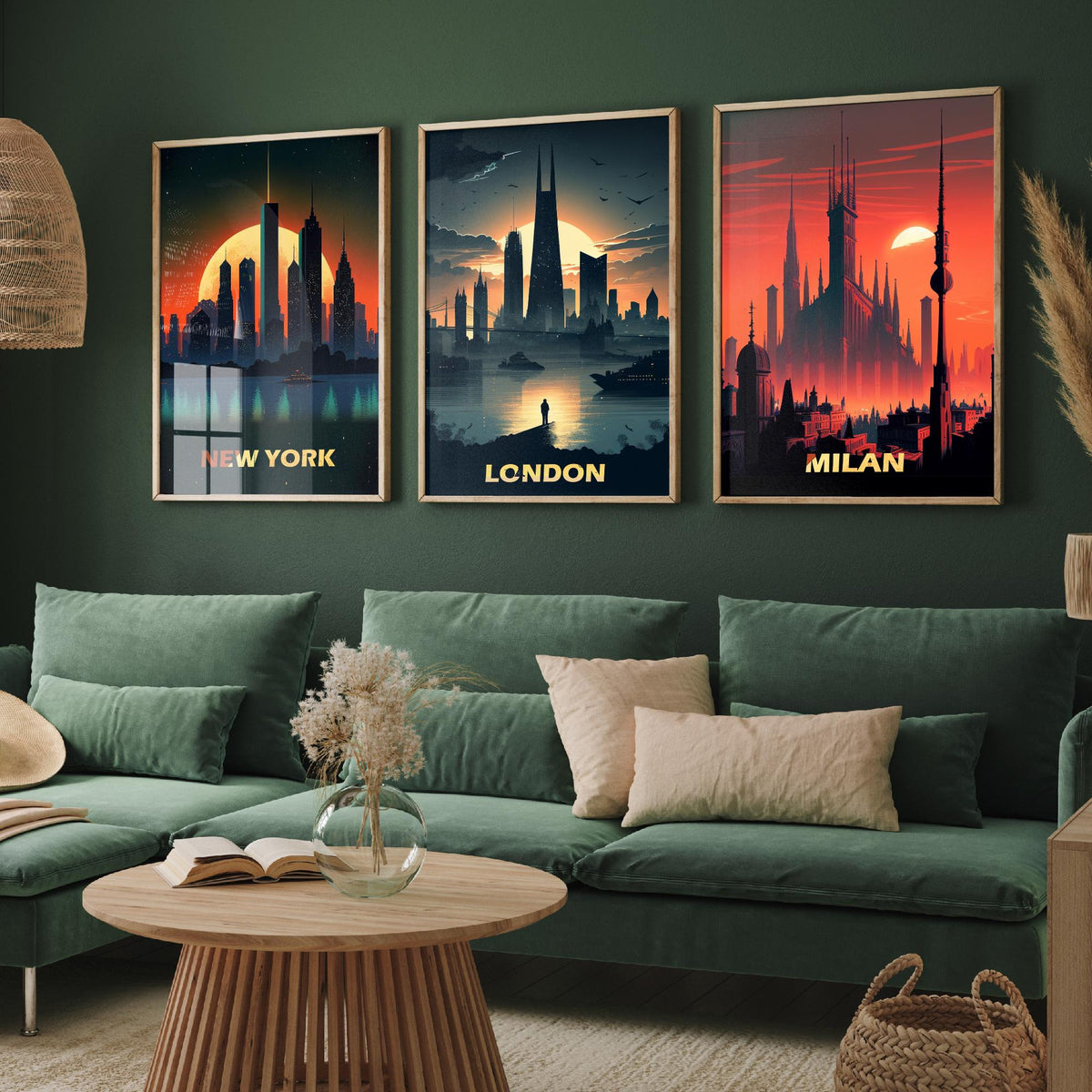 City Skylines Set of Three Art Prints - New York, London, Milan - Sunset Silhouette Illustration Poster