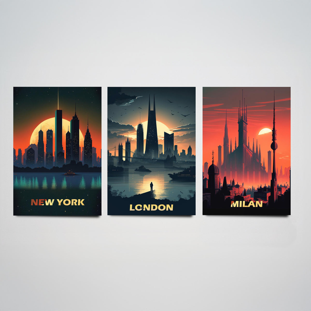 City Skylines Set of Three Art Prints - New York, London, Milan - Sunset Silhouette Illustration Poster