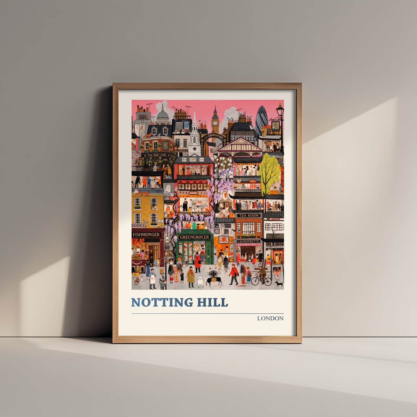 Notting Hill London Travel Poster - Colourful Shopfronts Art Print - Folk Art Illustration - Wisteria Streets 1/3