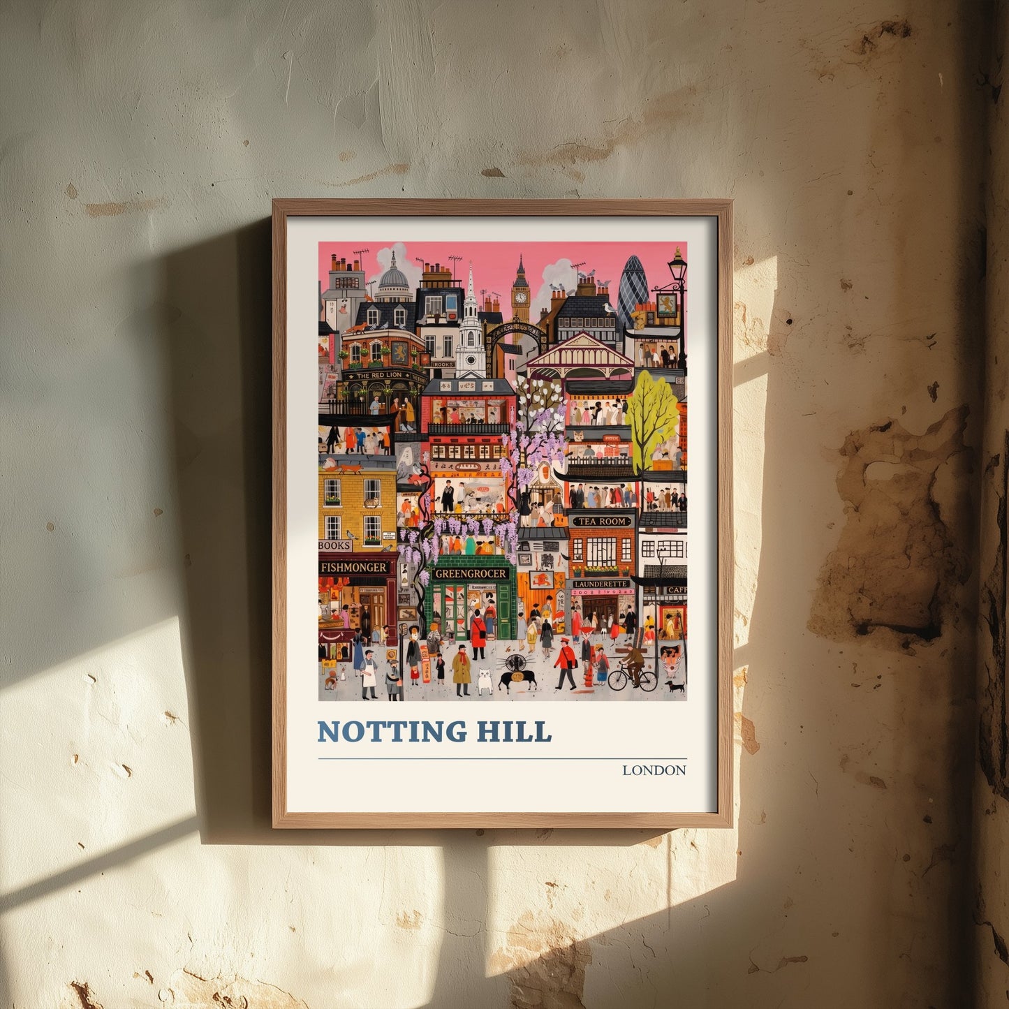 Notting Hill London Travel Poster - Colourful Shopfronts Art Print - Folk Art Illustration - Wisteria Streets 1/3