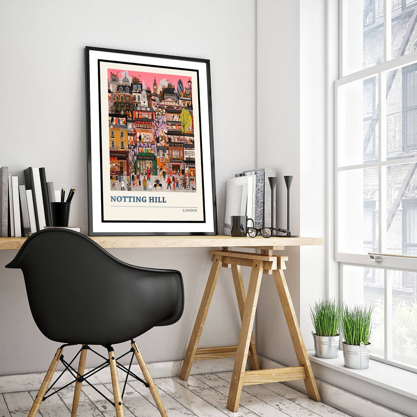Notting Hill London Travel Poster - Colourful Shopfronts Art Print - Folk Art Illustration - Wisteria Streets 1/3
