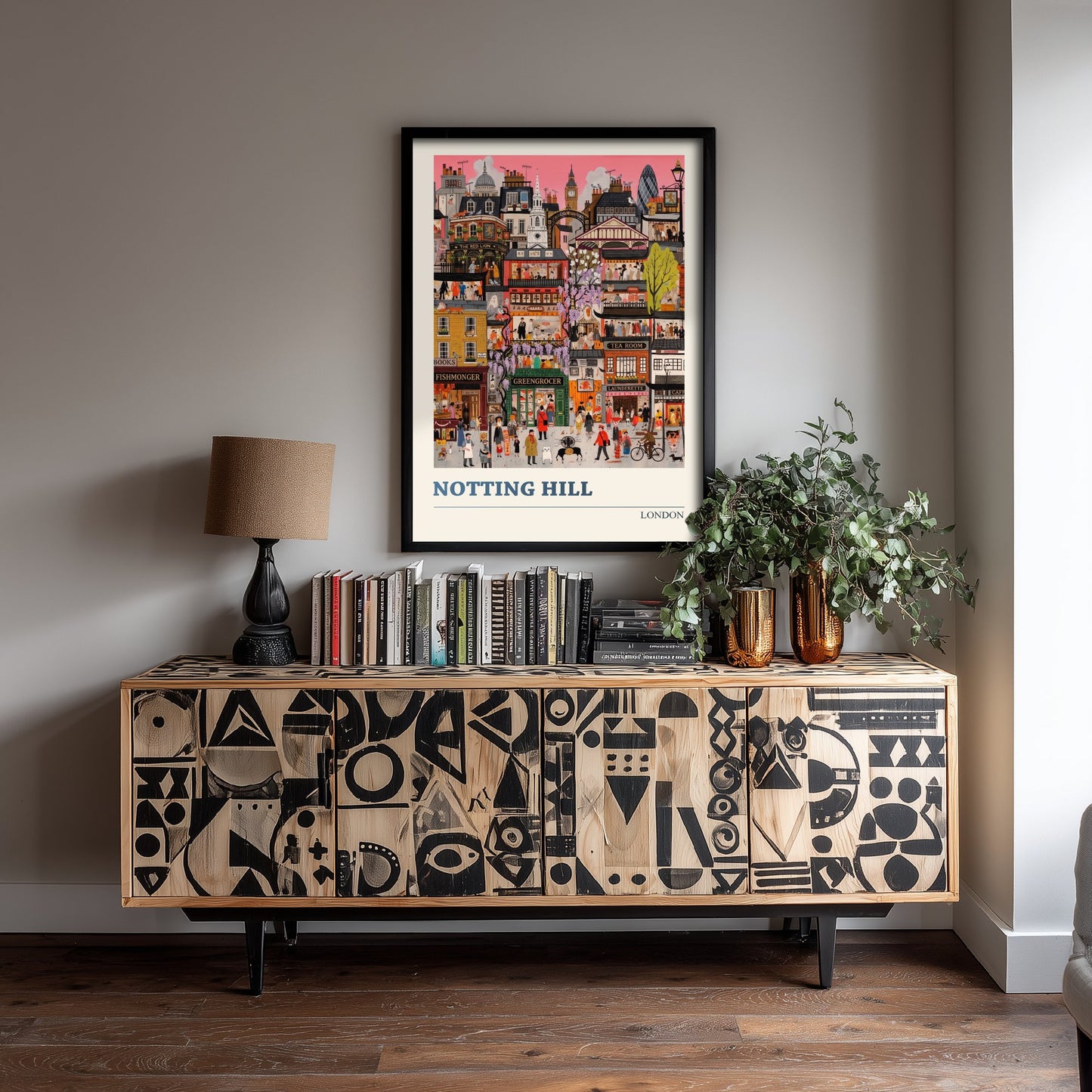 Notting Hill London Travel Poster - Colourful Shopfronts Art Print - Folk Art Illustration - Wisteria Streets 1/3
