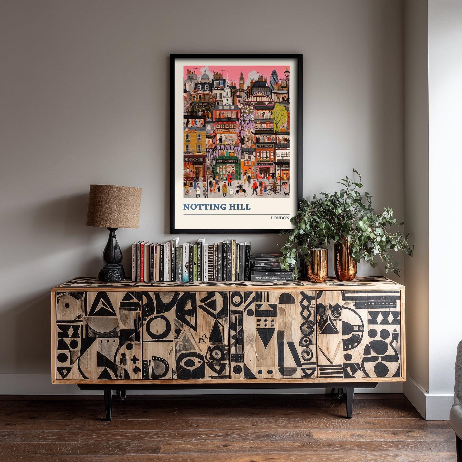 Notting Hill London Travel Poster - Colourful Shopfronts Art Print - Folk Art Illustration - Wisteria Streets 1/3