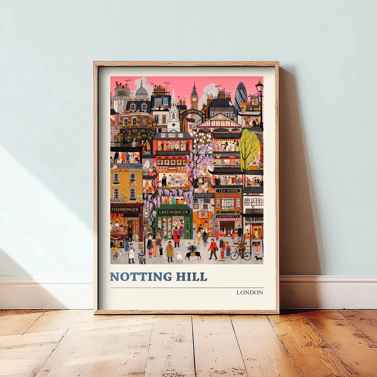 Notting Hill London Travel Poster - Colourful Shopfronts Art Print - Folk Art Illustration - Wisteria Streets 1/3