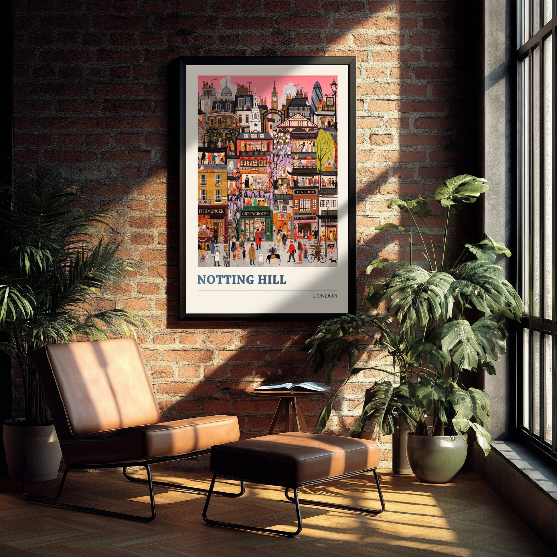 Notting Hill London Travel Poster - Colourful Shopfronts Art Print - Folk Art Illustration - Wisteria Streets 1/3