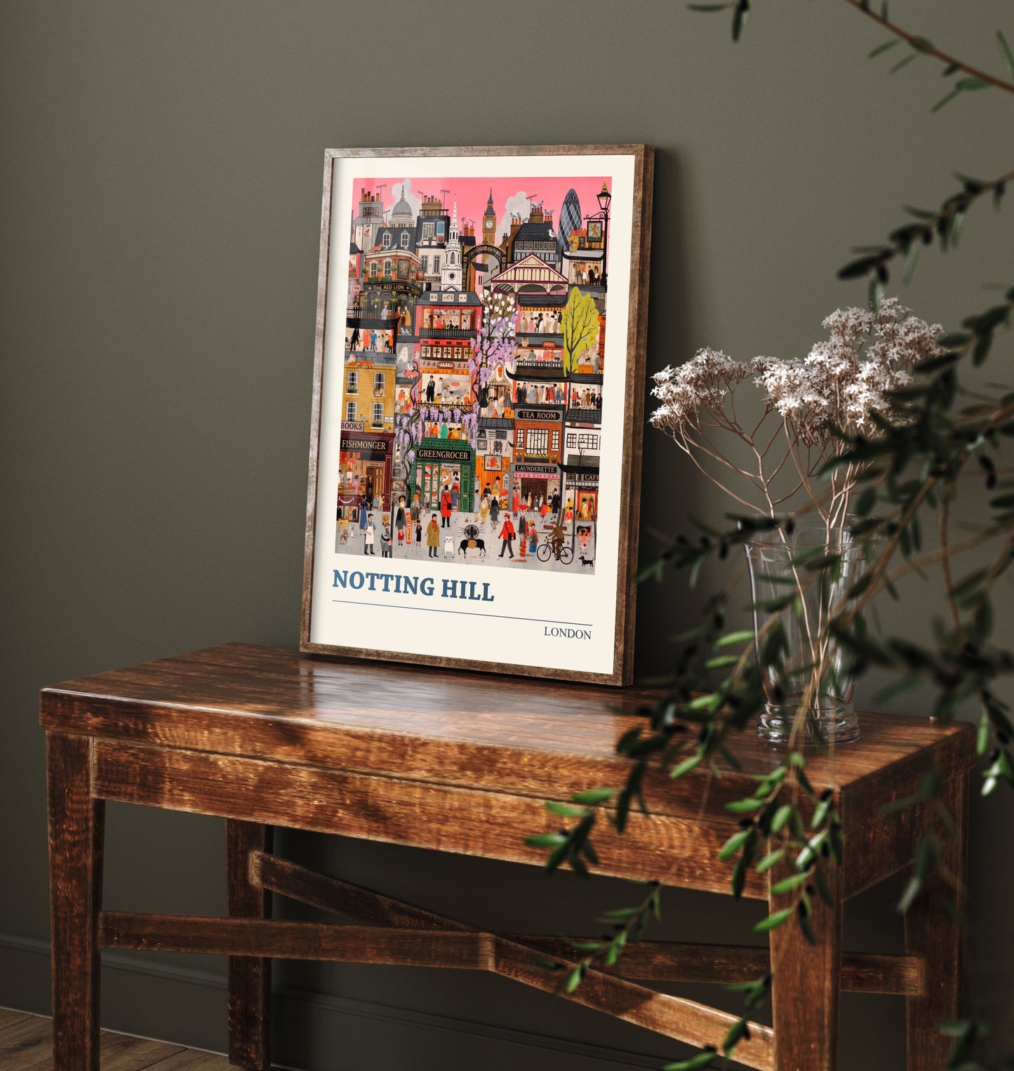 Notting Hill London Travel Poster - Colourful Shopfronts Art Print - Folk Art Illustration - Wisteria Streets 1/3