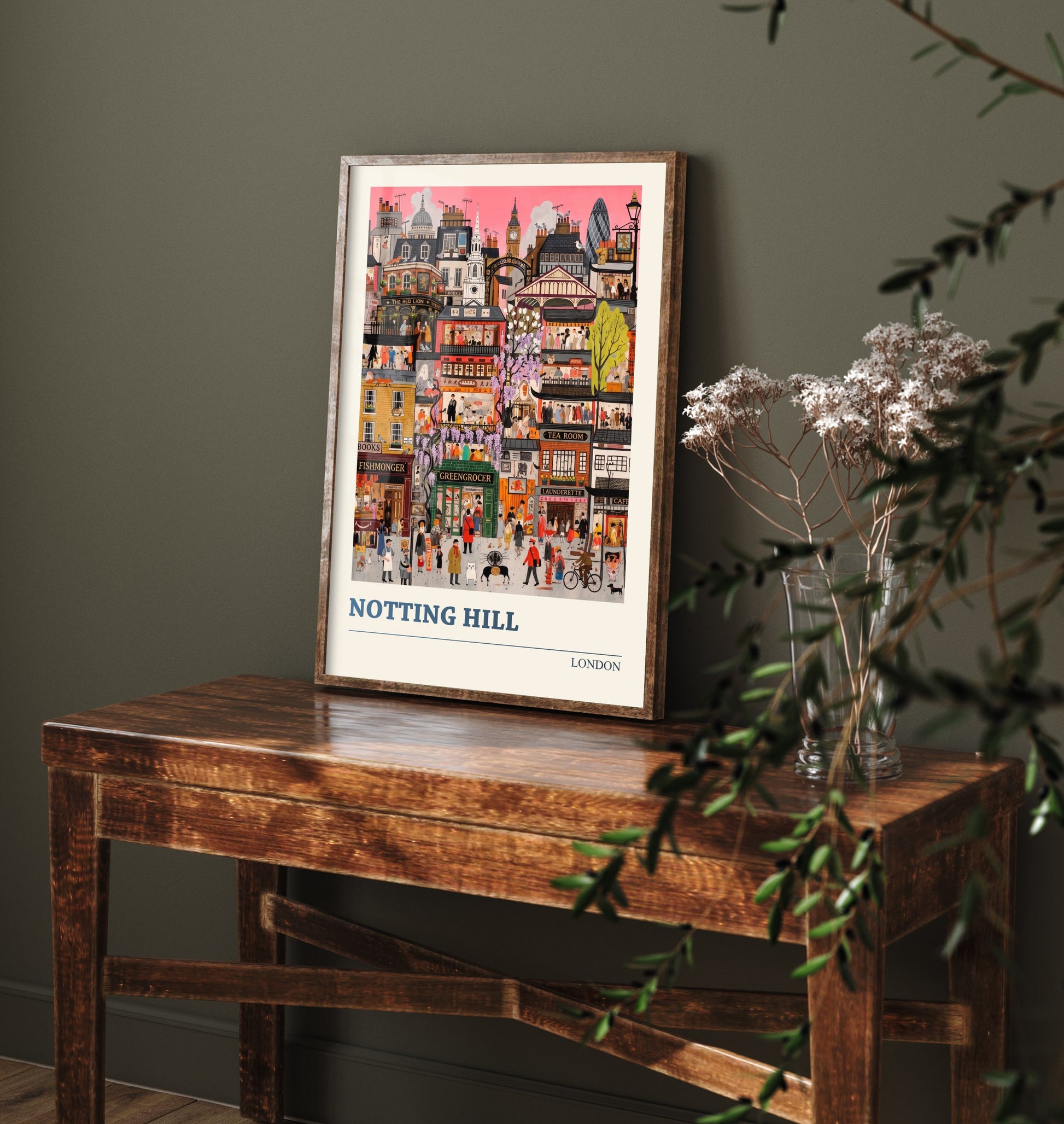 Notting Hill London Travel Poster - Colourful Shopfronts Art Print - Folk Art Illustration - Wisteria Streets 1/3