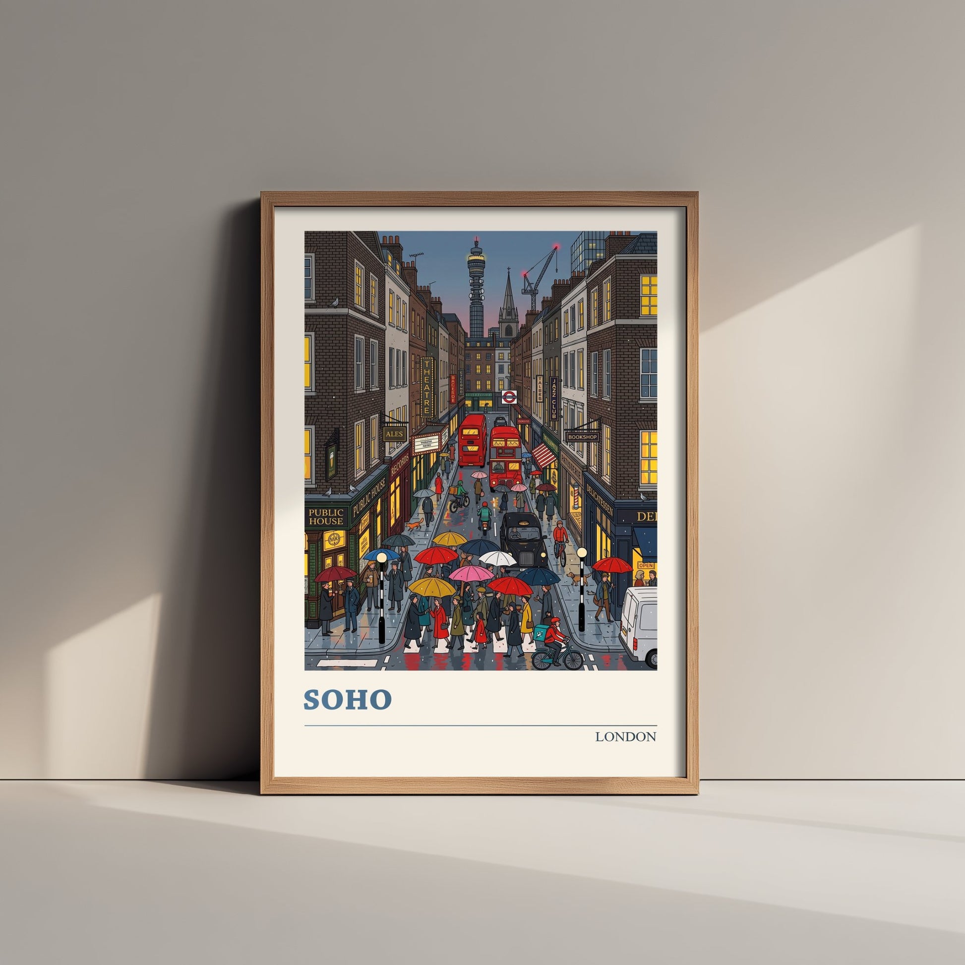 Soho London Travel Poster - Rainy Evening Art Print - Folk Art Illustration - Red Buses and Umbrellas 2/3