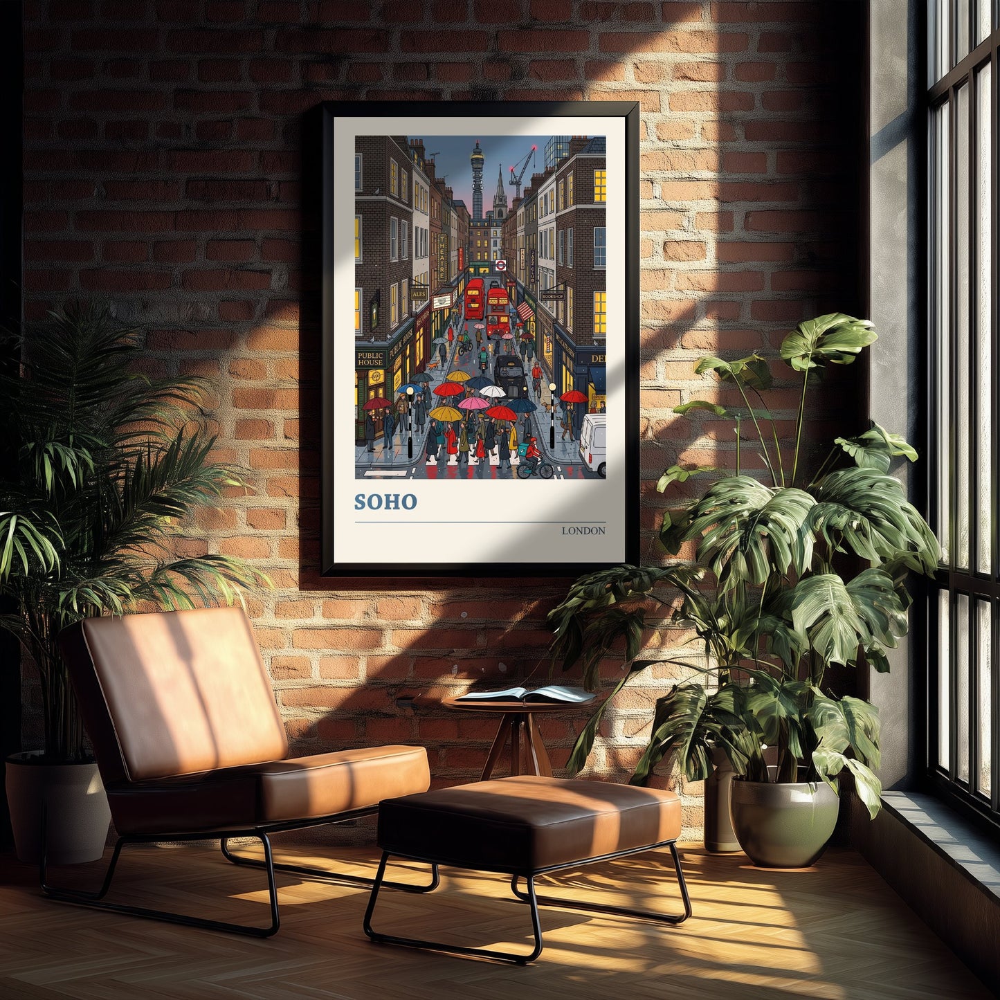 Soho London Travel Poster - Rainy Evening Art Print - Folk Art Illustration - Red Buses and Umbrellas 2/3