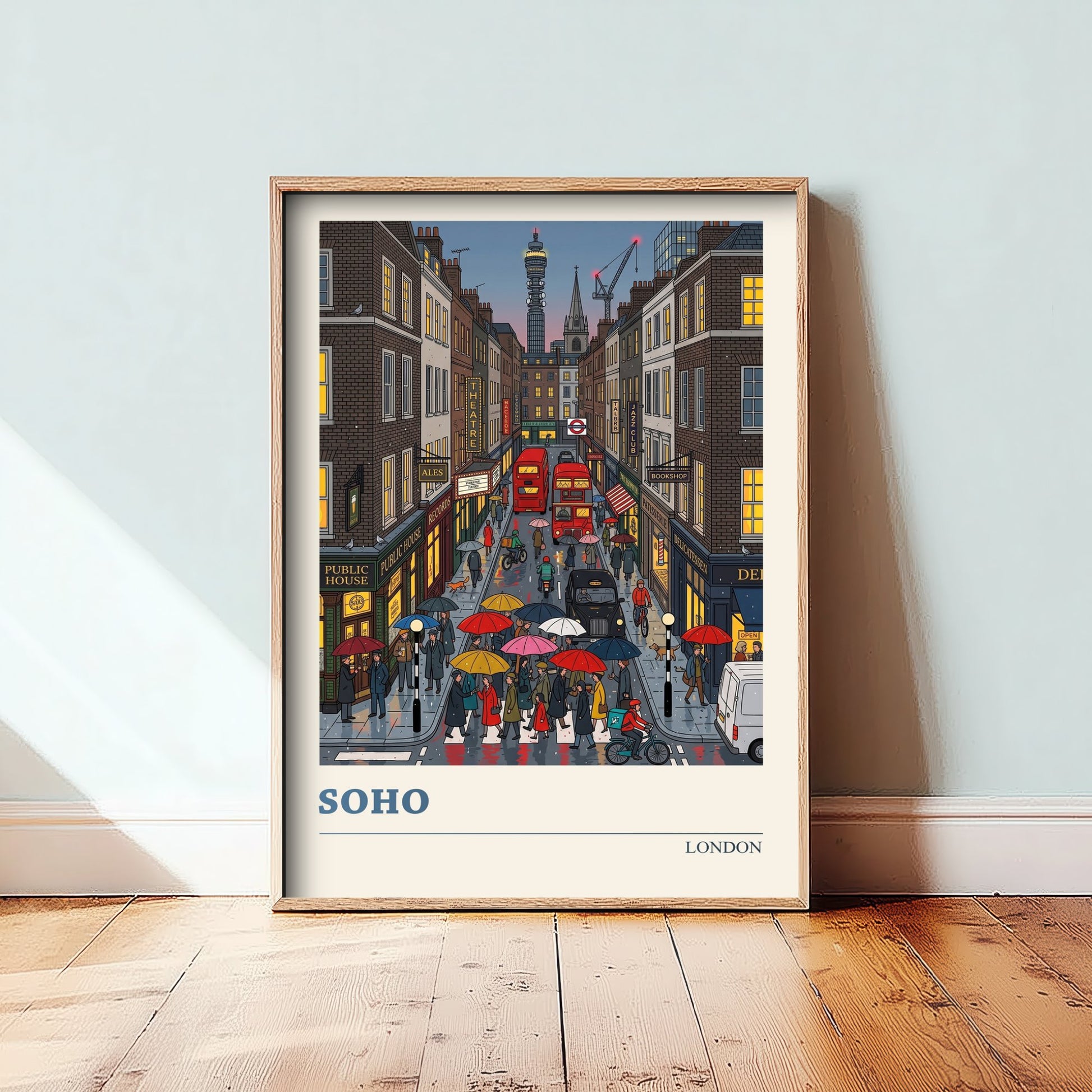 Soho London Travel Poster - Rainy Evening Art Print - Folk Art Illustration - Red Buses and Umbrellas 2/3