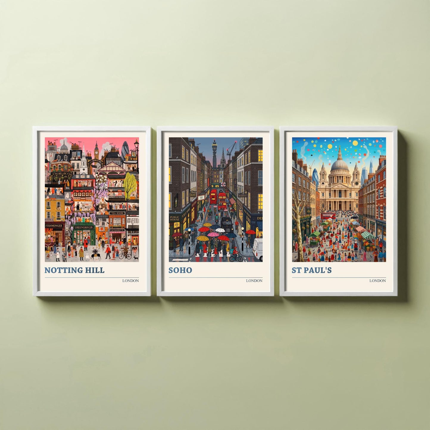 London Set of Three Art Prints - Notting Hill, Soho, St Paul's - 3 Colourful Folk Illustration Travel Posters - England Painting